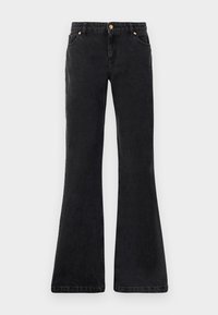 Black flared denim jeans with five pockets, a front button closure, and contrast stitching. Fabric has a smooth texture.
