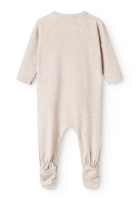 Tutina in cotone beige con maniche lunghe a raglan, polsini elasticizzati e piedi chiusi. Tessuto morbido con una finitura liscia. Chiusura posteriore non visibile.