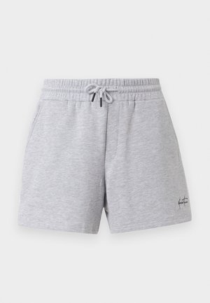 Ανοιχτό γκρι σορτς από βαμβακερό μείγμα με ελαστική μέση, κορδόνι, πλαϊνές τσέπες και μικρό μαύρο λογότυπο με γράμματα στο κάτω αριστερό πόδι.