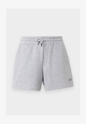 Ανοιχτό γκρι σορτς από βαμβακερό μείγμα με ελαστική μέση, κορδόνι, πλαϊνές τσέπες και μικρό μαύρο λογότυπο με γράμματα στο κάτω αριστερό πόδι.