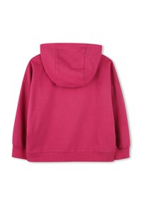 Felpa rosa con cappuccio, maniche lunghe, polsini e girovita a coste. Texture liscia, design pullover e schiena semplice e pulita.