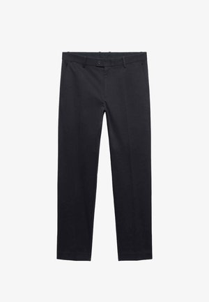 Black trousers with a smooth texture, straight legs, single front button, belt loops, and two side pockets. Clean, tailored design.