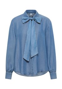 Blaues Denim-Hemd mit Bindekragen, langen Ärmeln mit geknöpften Manschetten und abgerundetem Saum. Glatte Textur mit klassischem Design.