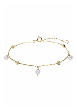 Delicaat gouden kettingarmband met afwisselend witte parels en kleine heldere edelstenen, voorzien van een ronde veersluiting en verstelbare lussen.