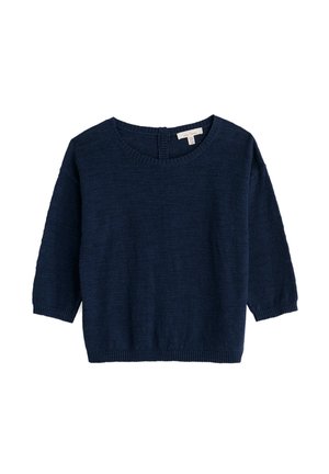 Temno modra pletena ženska majica s tremi četrtinami rokavi in okroglim vratom, enostavna zasnova z rebrastimi manšetami in spodnjim robom.