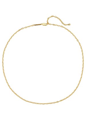 Feine dünne Goldkette mit kleinen runden Gliedern und einem Karabinerverschluss mit verstellbarem Verlängerungsanhänger.
