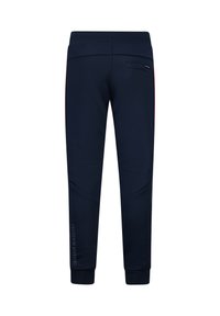 Marineblaue Sporthose mit schmaler Passform, elastischem Bund und roten Seitenelementen. Verfügt über eine Gesäßtasche und den Schriftzug "FREIHEIT DER BEWEGUNG".