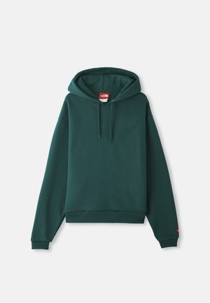 Sweatshirt verde com capuz feito de tecido macio, apresentando um bolso tipo canguru, punhos canelados e uma etiqueta de logotipo na gola.
