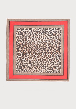 Square scarf with leopard print center, bordered by beige, thin black lines, and a wide red frame.