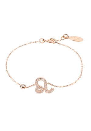 Gold-plated chain bracelet featuring a Leo zodiac symbol adorned with clear crystals, secured with a lobster clasp and a branded tag.