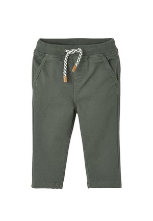 Toddler-sized dark green pants with side pockets and a white-and-gray drawstring at the elastic waistband.