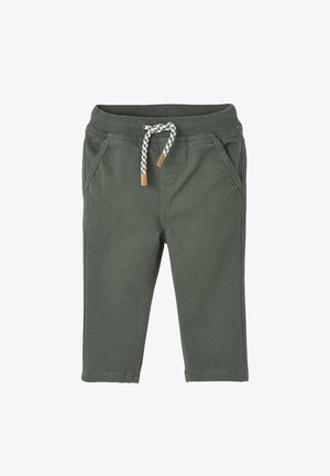 Knirpsgroße, dunkelgrüne Hosen mit Seitentaschen und einem weiß-grauen Kordelzug am elastischen Bund.