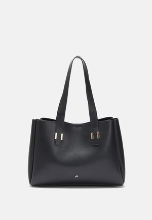 Sac cabas en cuir noir avec deux bandoulières et petits détails en métal doré sur un fond uni.
