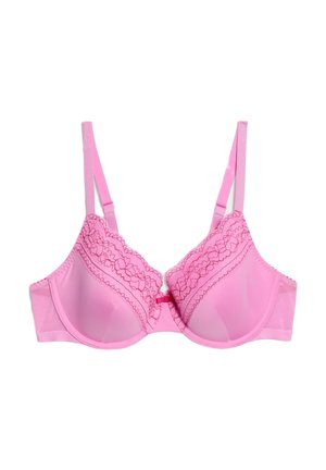 Pink bra with lace detailing along the top, soft cups, adjustable straps, and a bow accent at the center. Smooth texture and underwire support.