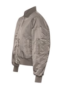 Gray satin bomber jacket with a ribbed collar, zippered sleeve pocket, and gathered detailing on the sleeves. Elastic cuffs at the hem.