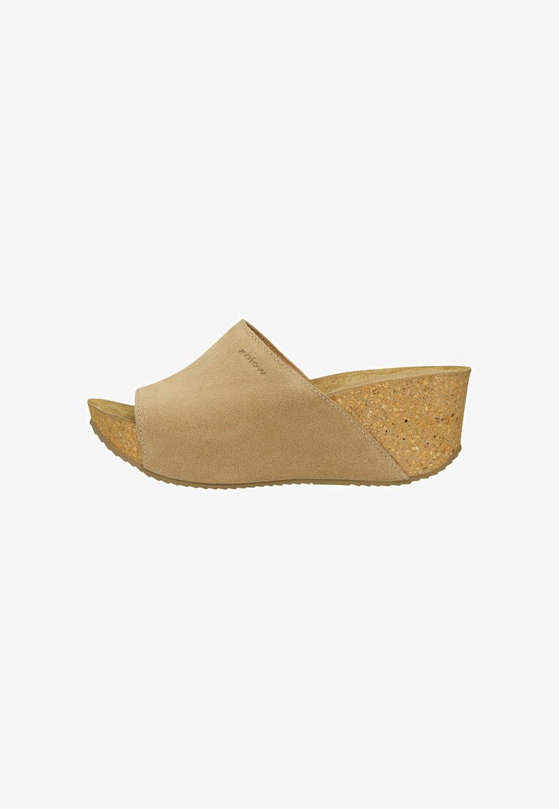 Sandale compensée en daim beige avec semelle en liège, bout ouvert et design à enfiler, vue de côté sur fond blanc.