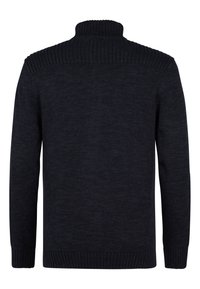 Mörkblå stickad tröja med hög krage och ribbade detaljer på axlar och ärmslut. Mjuk textur med ett enfärgat mönster.