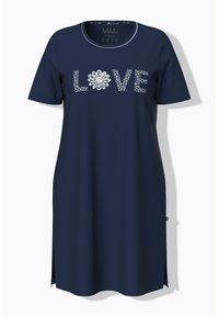 Námorní modrá noční košile s krátkými rukávy, se slovem "LOVE" v květinovém designu s květinovým akcentem, kulatým výstřihem a bočními rozparky.