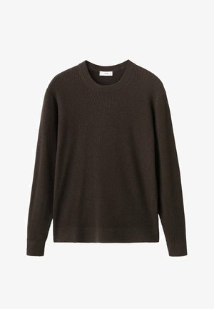 Maglione a maniche lunghe marrone scuro a coste, con scollo rotondo, orlo dritto e polsini aderenti, esposto su sfondo bianco.