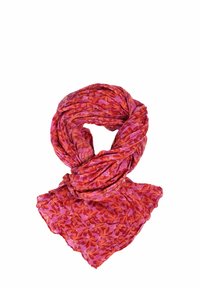 Lightweight scarf in pink with red floral patterns. Features a soft, textured fabric, draped in a triangular shape with raw edges.