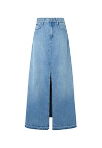 Light blue denim maxi skirt with a front slit, typical A-line shape, finished hem, and classic five-pocket design. Button closure at waist.