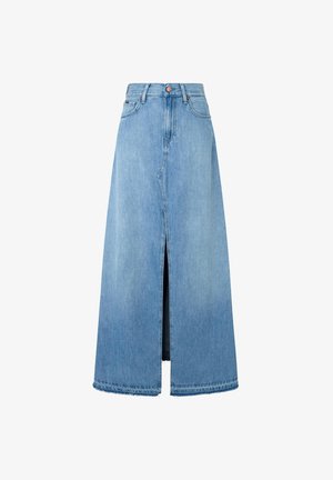 Hellblauer Denim-Maxirock mit einem Frontschlitz, typischer A-Linien-Form, verarbeitetem Saum und klassischem Fünf-Taschen-Design. Knopfverschluss an der Taille.