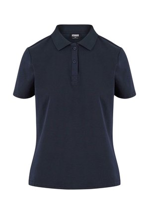 Mørkeblå polo shirt lavet af blødt stof, med klassisk krave, tre-knaps placket og korte ærmer med en afslappet pasform.