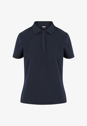 Polo majica temno modre barve, izdelana iz mehkega materiala, s klasičnim ovratnikom, zapenjanjem na tri gumbe in kratkimi rokavi ter sproščenim krojem.