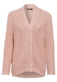 Cardigan lavorato a maglia di un rosa chiaro, con scollo a V, cinque bottoni, polsini a coste e motivo testurizzato, con un orlo posteriore leggermente più lungo.