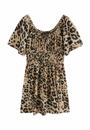 Robe courte à imprimé léopard avec manches bouffantes, taille froncée et détail noué à l'encolure carrée en tons beige et noir.