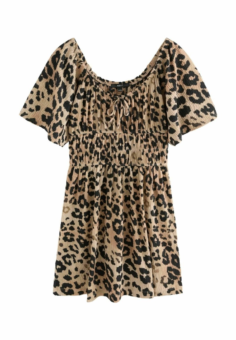 Robe courte à imprimé léopard avec manches bouffantes, taille froncée et détail noué à l'encolure carrée en tons beige et noir.