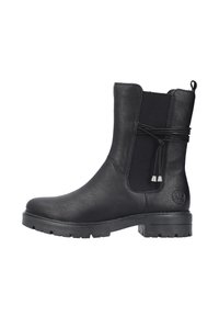 Stivale alla caviglia nero in pelle sintetica, con pannelli elastici, lacci decorativi e suola testurizzata per grip. Design attivo.