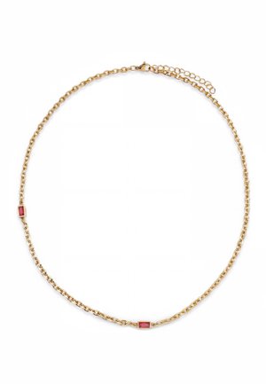 Goldene Halskette mit zwei kleinen rechteckigen roten Edelsteinen, gleichmäßig entlang der Kette verteilt, und einem Karabinerverschluss.