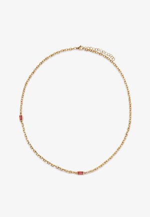 Goldene Halskette mit zwei kleinen rechteckigen roten Edelsteinen, gleichmäßig entlang der Kette verteilt, und einem Karabinerverschluss.