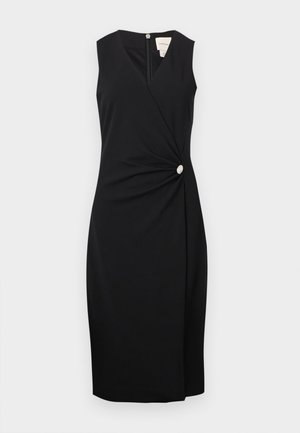 Sleeveless black midi dress with V-neck, side button detail creating gathered effect, and concealed back zipper.