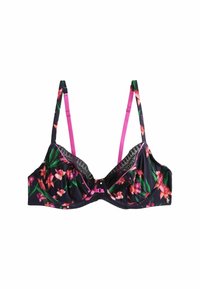 Melns apakšveļas krūšturis ar rozā ziedu rakstu, rozā regulējam�ām siksniņām un melnu mežģīņu apdari augšējā malā pie krūšu kausiem.