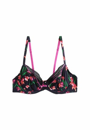 Black underwire bra with pink floral print, pink adjustable straps, and black lace trim along the top edge of the cups.