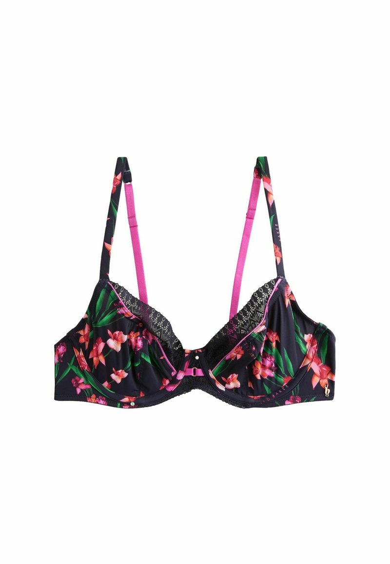 Melns apakšveļas krūšturis ar rozā ziedu rakstu, rozā regulējamām siksniņām un melnu mežģīņu apdari augšējā malā pie krūšu kausiem.