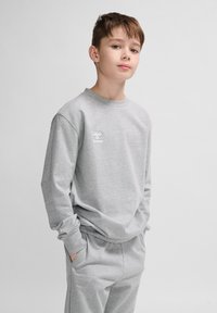 Felpa grigia a maniche lunghe con colletto rotondo e polsini a costine, con un logo bianco sul petto, abbinata a pantaloni grigi coordinati.