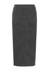 Tmavohnedá džínsová sukňa so štíhlym strihom, strednej dĺžky, s dvoma zadnými vreckami a prešitím pozdĺž švov.