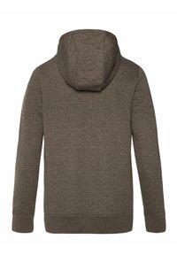Sweatshirt à capuche gris avec une finition texturée, doté de manches longues, d'un ourlet arrondi et d'une grande capuche. Pas de logos ou motifs visibles.