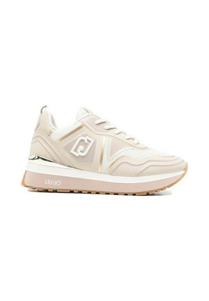 Sneaker platform beige e bianco con pannelli testurizzati, design con lacci, logo marchiato sul lato e suola in gomma color caramello.