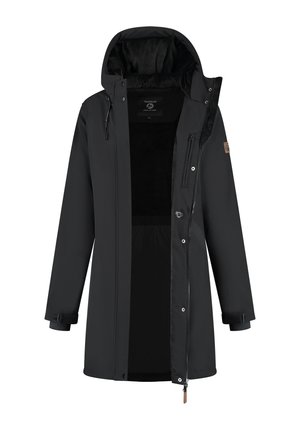 Zwarte winterjas met capuchon, gedeeltelijk opengeritst aan de voorkant, met een ritsborstzak, verstelbare polsbanden en een zachte binnenvoering.