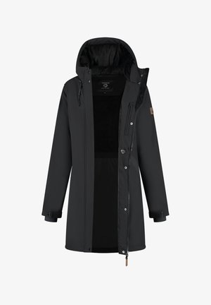 Zwarte winterjas met capuchon, gedeeltelijk opengeritst aan de voorkant, met een ritsborstzak, verstelbare polsbanden en een zachte binnenvoering.