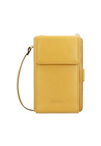 Yellow leather crossbody bag with flap closure, minimal stitching, and a detachable strap. Features embossed brand logo on the front.