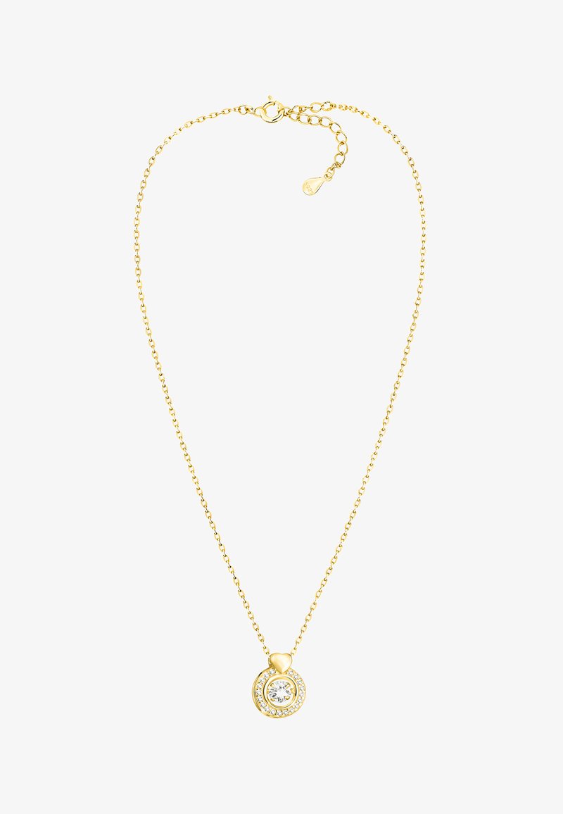 Guldhalskæde med en fin kæde og en rund vedhæng, der har en central klar sten omkranset af mindre klare sten og et hjerteaccent.
