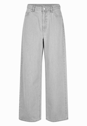Weite Jeans in hellgrauem Denim, mit hoher Taille, Fronttaschen und klassischem Knopfverschluss. Glatte, einheitliche Textur.