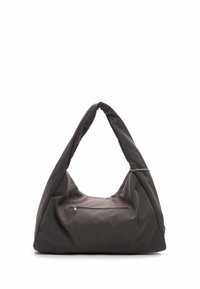 Borsa hobo grigia realizzata in morbido tessuto, caratterizzata da un design soffice, un accento in catena sul manico e una tasca frontale con zip per una conservazione sicura.