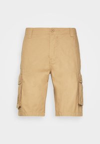 Khaki cargo shorts with front button, belt loops, and side flap pockets against a plain white background.