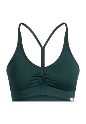 Dunkelgrüner Sport-BH mit strukturiertem, gerafftem Design, dünnen Trägern im Racerback-Stil und einem gerippten Bund am unteren Rand.